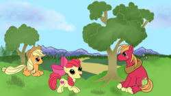 Size: 3840x2160 | Tagged: safe, artist:silversthreads, apple bloom, applejack, big macintosh, earth pony, pony, g4, cutie mark, female, filly, high res, male, mountain, mountain range, scenery, stallion, the cmc's cutie marks, tree