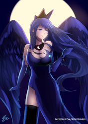 Size: 764x1080 | Tagged: safe, artist:rizkitsuneki, princess luna, human, g4, clothes, dress, evening gloves, female, gloves, horn, horned humanization, humanized, moon, side slit, socks, solo, spread wings, thigh highs, winged humanization