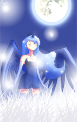 Size: 678x1074 | Tagged: safe, artist:rizkitsuneki, princess luna, human, g4, clothes, dress, evening gloves, eyes closed, female, gloves, horn, horned humanization, humanized, moon, s1 luna, socks, solo, spread wings, thigh highs, winged humanization