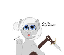 Size: 852x729 | Tagged: safe, artist:planetkiller, oc, oc only, oc:boop fandango, earth pony, pony, :o, boop, cute, face paint, female, knife, looking at you, looking up, open mouth, scythe, simple background, solo, this will end in death, underhoof, white background, your eternal reward