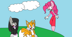Size: 1644x852 | Tagged: safe, artist:blackmasterelite15, octavia melody, pinkie pie, anthro, g4, crossover, male, miles "tails" prower, sonic the hedgehog (series), sonicified