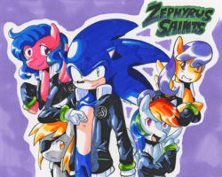 Size: 847x677 | Tagged: safe, artist:general-radix, derpy hooves, firefly, rainbow dash, sunny rays, pegasus, pony, g4, clothes, crossover, female, jacket, male, mare, markers, ring, sega, sonic the hedgehog, sonic the hedgehog (series), traditional art