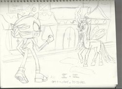 Size: 1024x744 | Tagged: safe, artist:infinityr319, queen chrysalis, g4, canterlot, crossover, fight, male, pencil drawing, shadow the hedgehog, sonic the hedgehog, sonic the hedgehog (series), traditional art