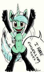 Size: 2941x4770 | Tagged: safe, artist:mrpenceaul, lyra heartstrings, pony, g4, belly button, bipedal, chest fluff, clothes, dialogue, female, high res, looking at you, open mouth, simple background, smiling, socks, solo, toe socks
