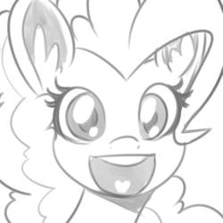 Size: 500x500 | Tagged: dead source, safe, artist:reiduran, pinkie pie, pony, g4, bust, female, grayscale, heart tongue, looking at you, monochrome, open mouth, portrait, simple background, smiling, so fucking happy, solo, white background