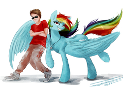 Size: 2400x1700 | Tagged: safe, artist:yummiestseven65, rainbow dash, human, g4, clothes, crossed arms, duo, grin, looking at you, pants, raised hoof, raised leg, shoes, signature, simple background, smiling, smirk, smug, spread wings, sunglasses, white background