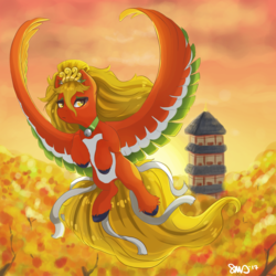 Size: 3000x3000 | Tagged: safe, artist:bean-sprouts, ho-oh, pegasus, pony, bell, flying, high res, pokémon, ponified, sky, solo, spread wings, tin tower, unshorn fetlocks