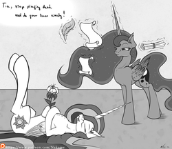 Size: 2746x2377 | Tagged: safe, artist:neko-me, princess celestia, princess luna, alicorn, pony, g4, collarbone, concave belly, crossed hooves, dialogue, duo, ear fluff, eyes closed, female, flower, grayscale, high res, horn, horse taxes, legs in air, levitation, lidded eyes, long horn, long legs, magic, mare, monochrome, on back, patreon, patreon logo, playing dead, quill, royal sisters, scroll, slender, sternocleidomastoid, telekinesis, thin, tongue out, unamused