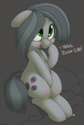 Size: 819x1222 | Tagged: safe, artist:pabbley, artist:transgressors-reworks, edit, marble pie, earth pony, pony, g4, blushing, colored, cute, dialogue, female, floppy ears, gray background, marblebetes, mare, open mouth, rock, simple background, sitting, smiling, solo, wrong eye color