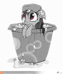 Size: 1972x2300 | Tagged: safe, artist:neko-me, rainbow dash, pony, g4, :3, bath, bubble, bucket, cute, dashabetes, female, filly, filly rainbow dash, floppy ears, grayscale, limited palette, monochrome, partial color, patreon, patreon logo, simple background, smiling, soap, solo, wet, wet mane, white background