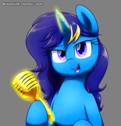 Size: 500x522 | Tagged: safe, artist:acersiii, oc, oc only, oc:electro swing, pony, bust, gray background, lidded eyes, looking at you, magic, microphone, open mouth, simple background, smiling, solo, telekinesis