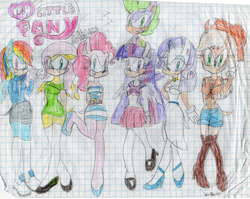 Size: 3068x2436 | Tagged: safe, artist:sonicxfan64, applejack, fluttershy, pinkie pie, rainbow dash, rarity, spike, twilight sparkle, alicorn, anthro, g4, crossover, graph paper, high res, mane seven, mane six, sonic the hedgehog, sonic the hedgehog (series), sonicified, traditional art, twilight sparkle (alicorn)
