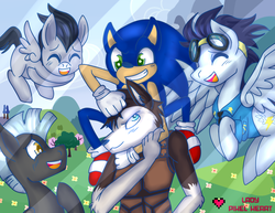 Size: 3850x2975 | Tagged: safe, artist:ladypixelheart, rumble, soarin', thunderlane, oc, oc:foxtrot, pegasus, pony, anthro, g4, anthro with ponies, colt, crossover, fanfic, fanfic art, foal, furry, high res, male, noogie, old art, sonic the hedgehog, sonic the hedgehog (series), stallion