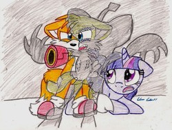 Size: 1016x768 | Tagged: safe, artist:silversimba01, twilight sparkle, g4, arm cannon, crossover, male, miles "tails" prower, scared, shadow, sonic the hedgehog (series), tails doll, traditional art
