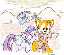 Size: 988x856 | Tagged: safe, artist:silversimba01, trixie, twilight sparkle, ghoul, pony, unicorn, g4, crossover, fallout, female, male, mare, miles "tails" prower, open mouth, pointing, raised hoof, running, scared, sonic the hedgehog (series), traditional art, trixie's cape, trixie's hat, wheel o feet, wide eyes