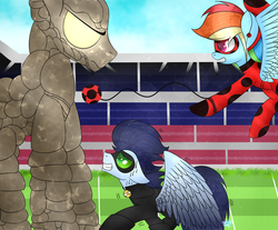 Size: 1024x846 | Tagged: dead source, safe, artist:northlights8, rainbow dash, soarin', pony, g4, chat noir, crossover, female, ivan bruel, male, miraculous ladybug, monster, ship:soarindash, shipping, stoneheart, straight, yo-yo