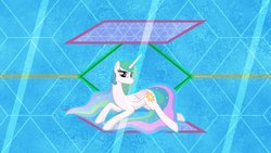 Size: 1191x670 | Tagged: safe, artist:alexiy777, artist:laszlvfx, edit, princess celestia, alicorn, pony, g4, beautiful, female, looking at you, lying down, missing accessory, on side, solo, vector, wallpaper, wallpaper edit