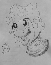 Size: 1001x1280 | Tagged: safe, artist:andandampersand, oc, oc only, oc:dee valerie, pony, neck gaiter, open mouth, silly, solo, tongue out, traditional art
