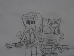 Size: 1024x768 | Tagged: safe, artist:brandonale, fluttershy, equestria girls, g4, ak-47, assault rifle, clothes, cosplay, costume, crossover, ellis, gun, left 4 dead, left 4 dead 2, male, miles "tails" prower, rifle, shotgun, sonic the hedgehog (series), traditional art, weapon