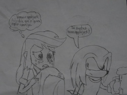 Size: 1024x768 | Tagged: safe, artist:brandonale, applejack, equestria girls, g4, crossover, knuckles the echidna, male, sonic the hedgehog, sonic the hedgehog (series), traditional art