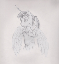 Size: 1922x2077 | Tagged: safe, artist:mackeroth, twilight sparkle, alicorn, pony, g4, alternate hairstyle, clothes, drawing, female, looking at you, mouth hold, pencil drawing, ponytail, scrunchie, solo, traditional art, twilight sparkle (alicorn)