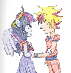 Size: 1000x1039 | Tagged: safe, artist:cyrilsmith, twilight sparkle, human, g4, big crown thingy, chichi, clothes, cosplay, costume, crossover, dragon ball, dragon ball z, eared humanization, element of magic, humanized, jewelry, male, pony coloring, regalia, shadow the hedgehog, son goku, sonic the hedgehog, sonic the hedgehog (series), super shadow, traditional art, twilight sparkle (alicorn), winged humanization, wings
