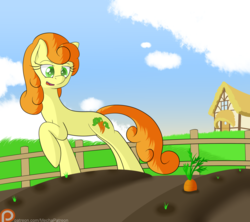 Size: 1800x1600 | Tagged: safe, artist:mechanized515, carrot top, golden harvest, pony, g4, background pony, carrot, farm, female, food, patreon, patreon logo, redraw, solo