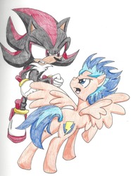 Size: 1075x1445 | Tagged: safe, artist:cyrilsmith, flash sentry, g4, crossover, fight, male, shadow the hedgehog, sonic the hedgehog, sonic the hedgehog (series), traditional art