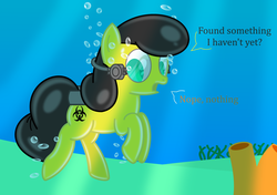Size: 2700x1900 | Tagged: safe, artist:bladedragoon7575, oc, oc only, oc:fume hood, latex pony, object pony, original species, pony, clothes, diving, hazmat suit, latex, latex suit, living clothes, living object, living suit, ponified, rubber, scuba gear, shiny, suit, translucent, underwater