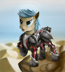 Size: 2950x3264 | Tagged: safe, artist:mackeroth, oc, oc only, oc:kyros rex, pony, armor, desert, high res, power armor, powered exoskeleton, solo