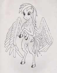 Size: 1546x1983 | Tagged: safe, artist:mackeroth, rainbow dash, pony, g4, bipedal, drawing, female, hoers, looking at you, smiling, solo, spread wings, traditional art, wings