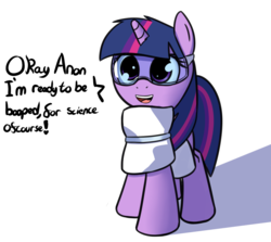 Size: 1096x976 | Tagged: safe, artist:neuro, twilight sparkle, alicorn, pony, g4, adorkable, cute, dialogue, dork, female, for science, goggles, imminent boop, implied anon, looking at you, open mouth, pillow, simple background, smiling, solo, transparent background, twiabetes