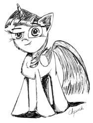 Size: 1200x1600 | Tagged: safe, artist:chopsticks, twilight sparkle, alicorn, pony, g4, black and white, female, grayscale, mare, monochrome, sketch, smiling, solo, twilight sparkle (alicorn)