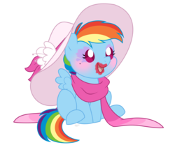 Size: 1482x1232 | Tagged: safe, artist:faith-wolff, rainbow dash, pony, fanfic:the bridge, g4, baby, baby dash, baby pony, clothes, cute, dashabetes, female, filly, filly rainbow dash, giant hat, hat, hnnng, lipstick, makeup, mythology gag, rainbow dash always dresses in style, scarf, simple background, solo, transparent background, weapons-grade cute