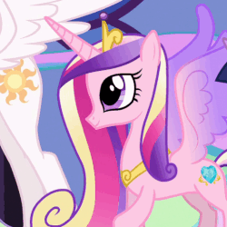 Size: 502x502 | Tagged: safe, screencap, princess cadance, princess celestia, alicorn, pony, g4, princess spike, animated, aunt and niece, blinking, concave belly, cropped, crown, cute, cutedance, female, gif, grin, hoof shoes, jewelry, looking up, mare, peytral, princess shoes, quadrupedal, raised hoof, regalia, slender, smiling, solo focus, spread wings, standing, thin, wings