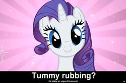 Size: 1024x671 | Tagged: safe, rarity, pony, unicorn, g4, bronybait, caption, cs captions, female, imminent belly rub, mare, solo