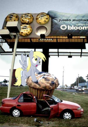 Size: 410x588 | Tagged: safe, derpy hooves, pegasus, pony, g4, advertisement, billboard, car, female, food, i just don't know what went wrong, irl, mare, muffin, photo, ponies in real life, solo