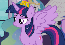 Size: 637x443 | Tagged: safe, screencap, princess celestia, princess luna, spike, twilight sparkle, alicorn, pony, g4, princess spike, animated, blinking, confused, cropped, gif, happy, smiling, solo focus, spread wings, tail pull, talking, twilight sparkle (alicorn)