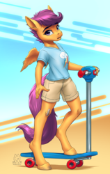 Size: 1706x2700 | Tagged: safe, artist:mykegreywolf, scootaloo, anthro, unguligrade anthro, g4, bandage, clothes, female, open mouth, scooter, shirt, shorts, solo