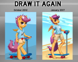 Size: 2500x2000 | Tagged: safe, artist:mykegreywolf, scootaloo, anthro, unguligrade anthro, g4, bandage, clothes, comparison, draw this again, female, high res, open mouth, scooter, shorts, side by side, solo