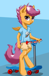 Size: 1000x1539 | Tagged: safe, artist:mykegreywolf, scootaloo, anthro, unguligrade anthro, g4, bandage, clothes, female, open mouth, scooter, shirt, shorts, solo