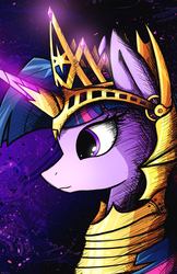 Size: 3300x5100 | Tagged: safe, artist:flamevulture17, twilight sparkle, alicorn, pony, g4, absurd resolution, armor, bust, crown, female, glowing horn, horn, jewelry, mare, regalia, solo, twilight sparkle (alicorn)