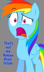 Size: 250x409 | Tagged: safe, rainbow dash, pony, g4, female, gray background, kinkshaming, simple background, solo, text, wat