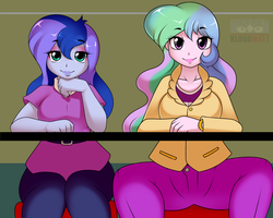 Size: 1280x1024 | Tagged: safe, artist:kloudmutt, princess celestia, princess luna, principal celestia, vice principal luna, equestria girls, g4, belt, clothes, cute, cutelestia, eyeshadow, lidded eyes, lipstick, looking at you, lunabetes, makeup, pants, shirt, sitting, smiling, spread legs, spreading, table