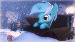 Size: 3840x2159 | Tagged: safe, artist:selestlight, lyra heartstrings, dog, pony, g4, 3d, box, cup, high res, pony in a box, snow, source filmmaker