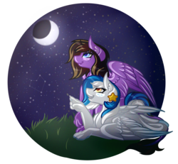 Size: 5400x5000 | Tagged: safe, artist:amazing-artsong, oc, oc only, oc:brooke flower, oc:star seeker, hippogriff, pegasus, pony, absurd resolution, female, mare, moon, night, pointing, prone