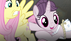 Size: 1258x720 | Tagged: safe, screencap, fluttershy, sugar belle, pony, g4, my little pony: friendship is magic, the cutie map, butt touch, hoof on butt, out of context, smiling