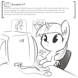 Size: 1080x1080 | Tagged: safe, artist:tjpones, twilight sparkle, alicorn, pony, g4, abuse of power, astroturfing, blatant lies, chest fluff, computer, computer mouse, ear fluff, female, grayscale, keyboard, monochrome, narcissism, picture, sockpuppeting, solo, twilight sparkle (alicorn), typing