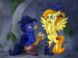 Size: 2000x1500 | Tagged: safe, artist:bloodorangepancakes, oc, oc only, oc:appleshine, oc:breezewing, cat, hippogriff, pegasus, pony, blushing, crying, female, flying, happy, hat, mare, marriage proposal, ring, starry eyes, tears of joy, wingding eyes, witch, witch hat