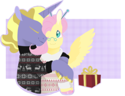 Size: 2353x1806 | Tagged: safe, artist:vindhov, part of a set, fluttershy, ponet, g4, alternate hairstyle, christmas sweater, clothes, colored pupils, eyes closed, hair bun, hearth's warming, hug, hug from behind, lineless, male, one eye closed, ponetshy, present, shipping, simple background, spectacles, spread wings, straight, sweater, transparent background